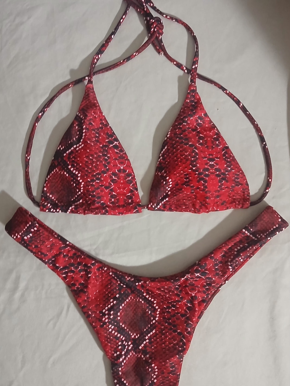 Red Snake-Print Triangle Bikini Top and Bottom Set